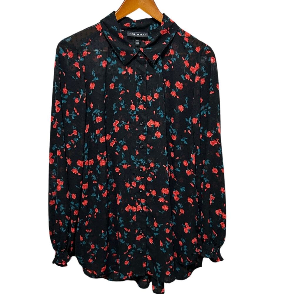 Lane Bryant Womens‎ Boho Blouse 14/16 Black Floral Swiss Dot Sheer Whimsigoth